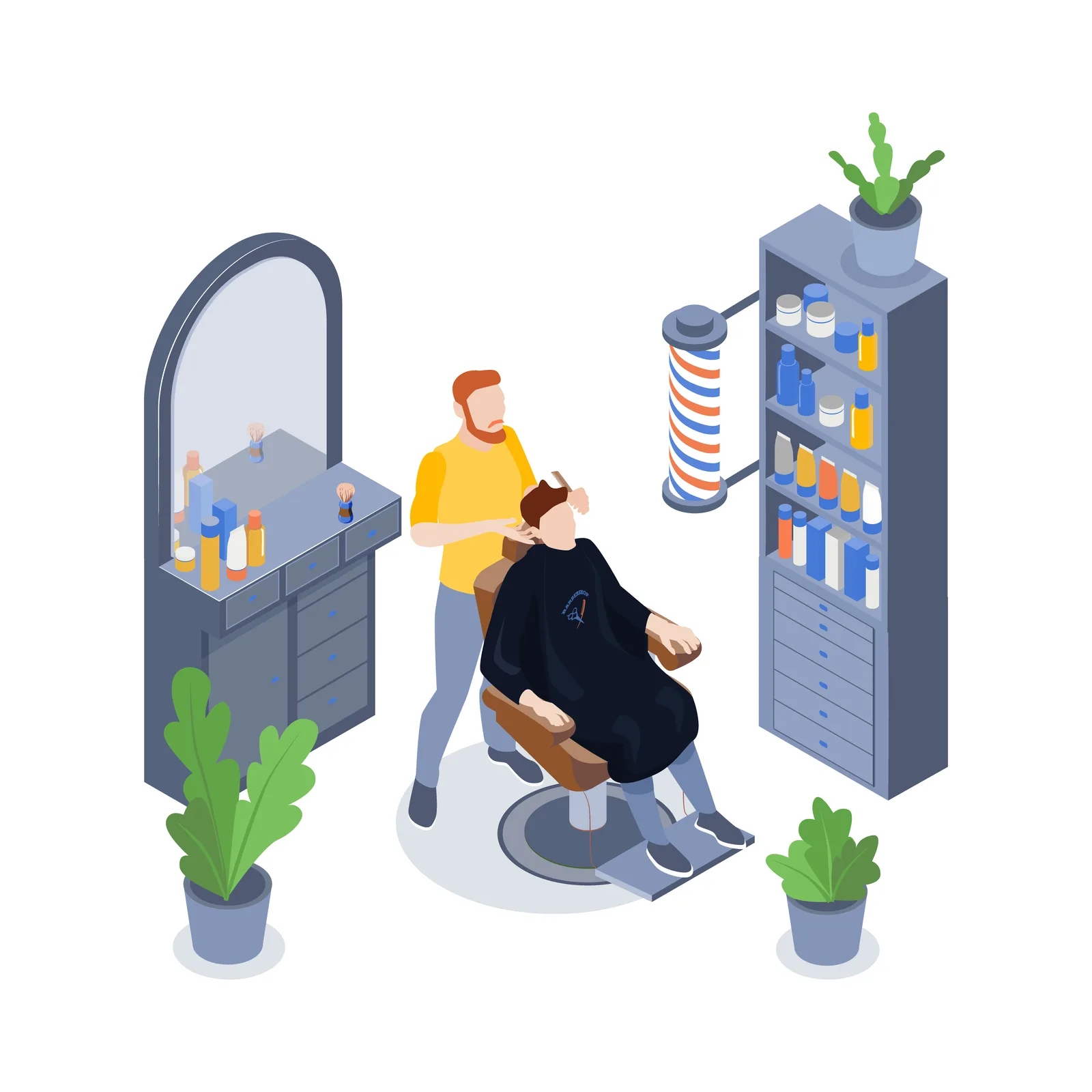 Ilustración de una barbería: el barbero peina a un cliente sentado en el sillón