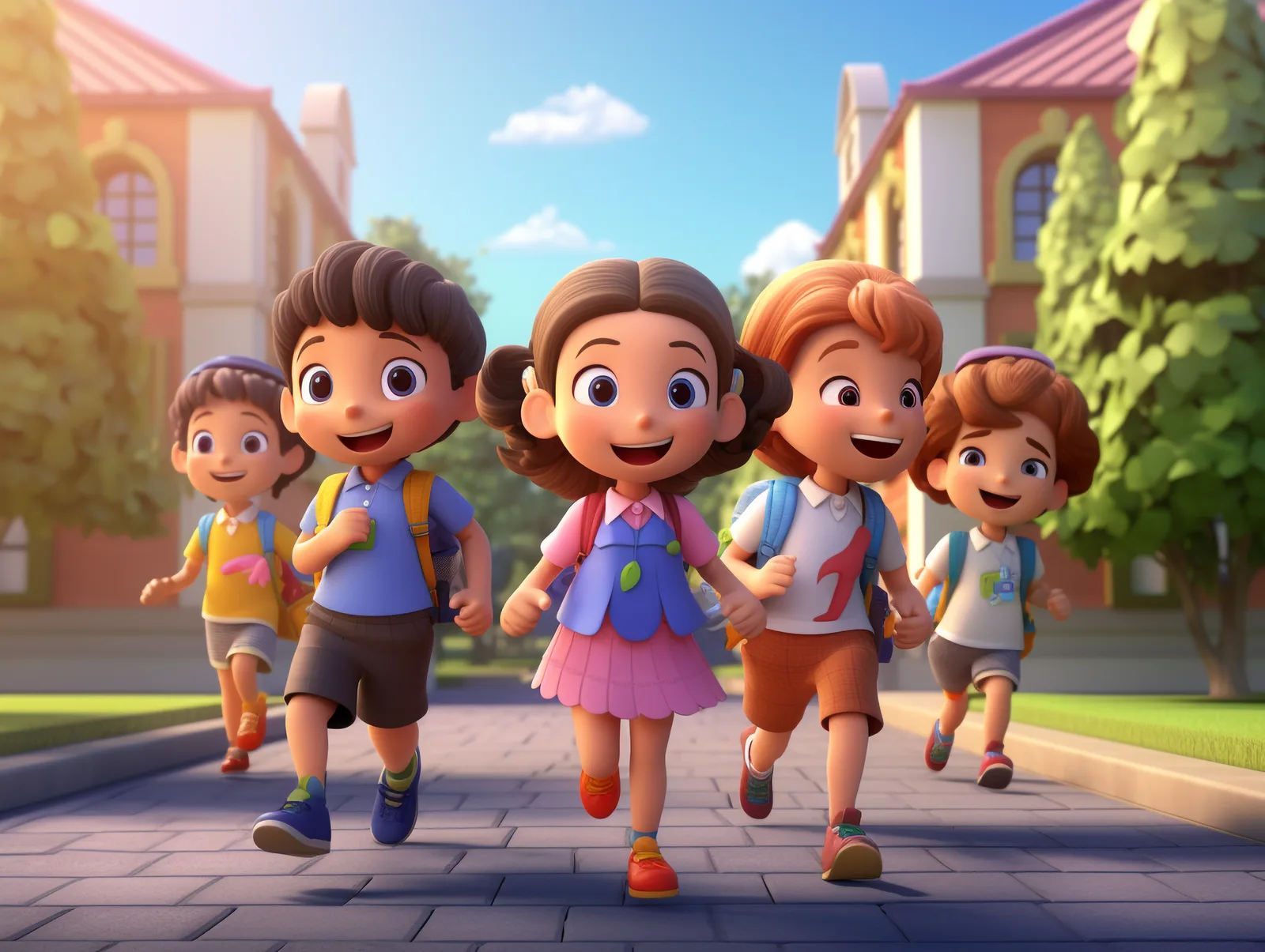 Ilustración en 3D de cinco niños con mochilas caminando hacia la escuela