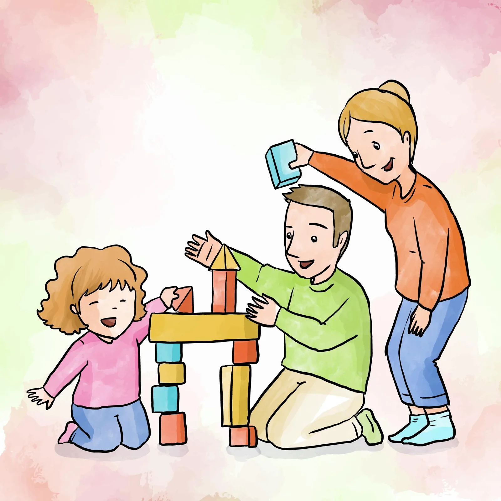 Una niña pequeña construye una torre de bloques con su padre y su madre