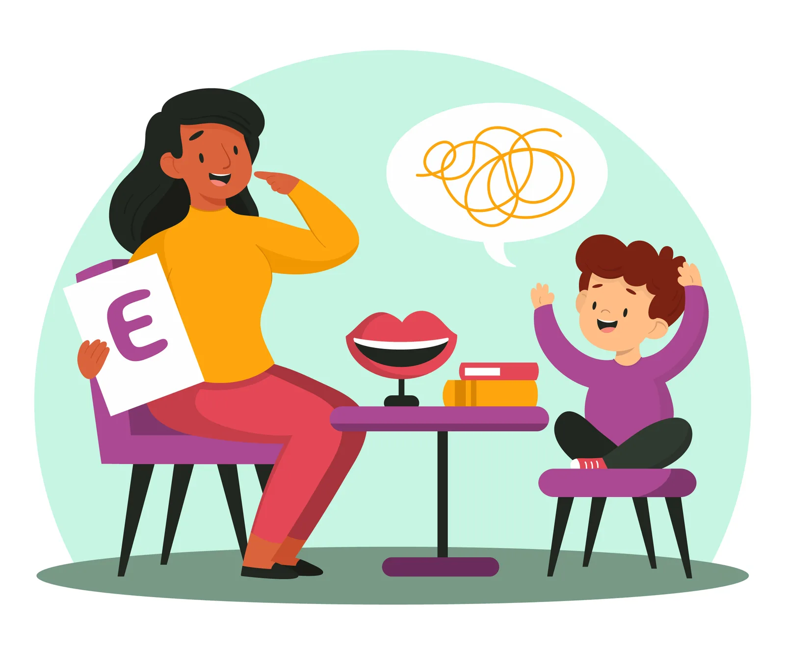 Ilustración de una terapeuta del habla sentada frente a un niño pequeño, enseñándole una lámina con la letra E mientras se señala la boca