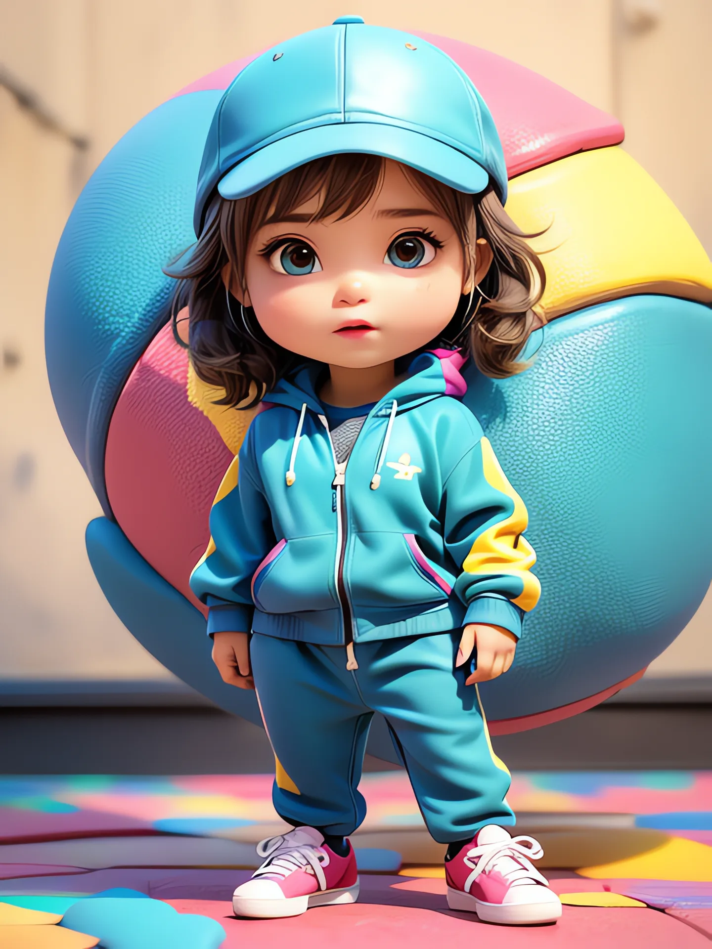 Ilustración en 3D de una niña con gorra, de pie y con expresión seria
