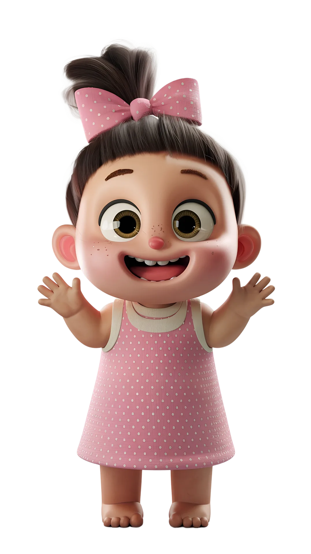Ilustración en 3D de una niña con un lazo rosa saludando con las dos manos