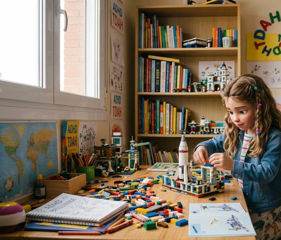Una niña sola en su cuarto, muy concentrada construyendo con piezas sobre una mesa llena de material