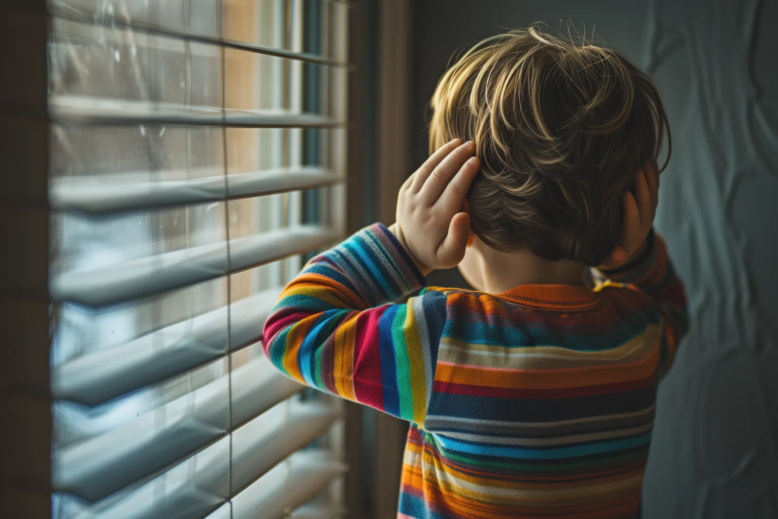 Un niño de espaldas junto a una ventana, tapándose los oídos con las manos
