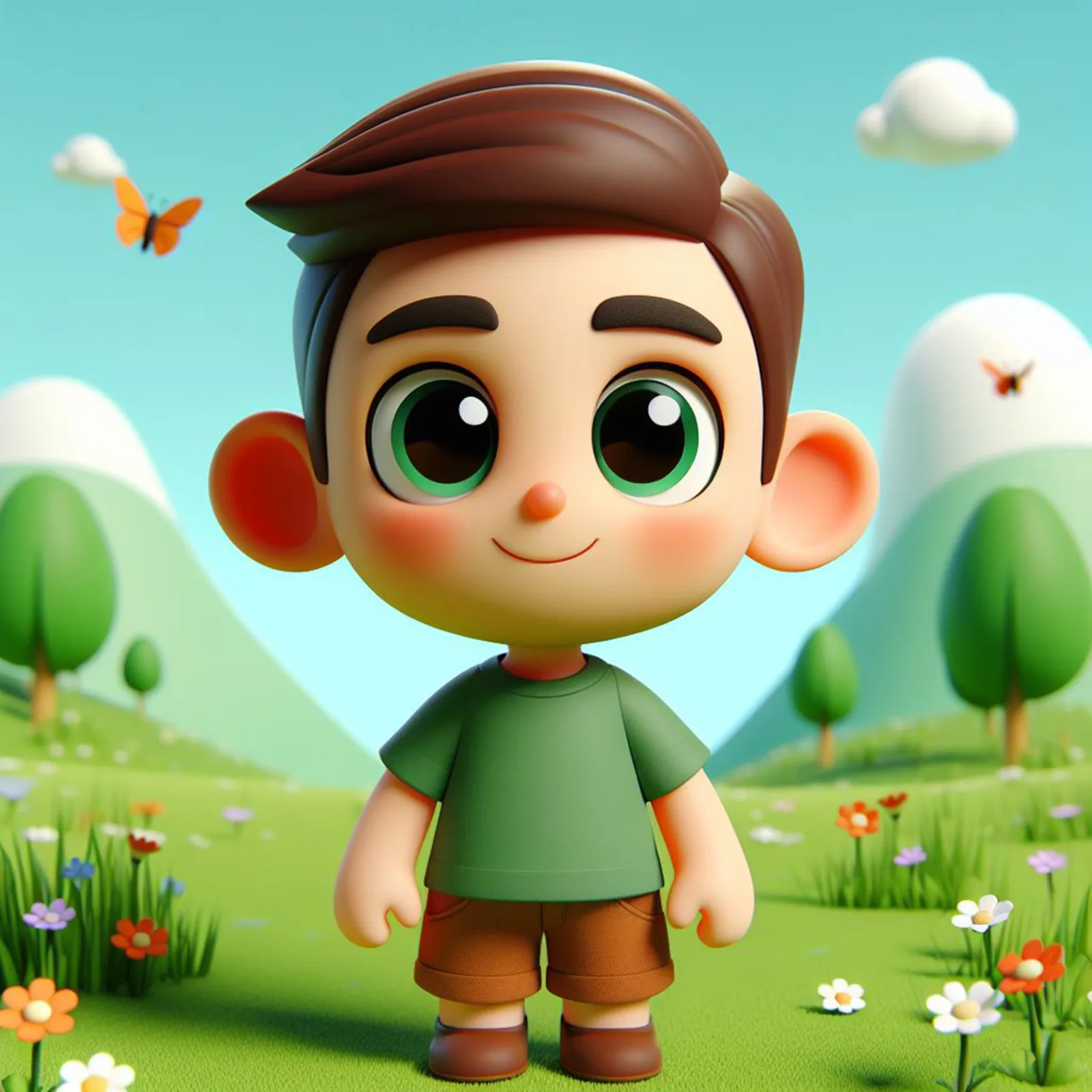Ilustración en 3D de un niño tranquilo de pie en un prado con flores