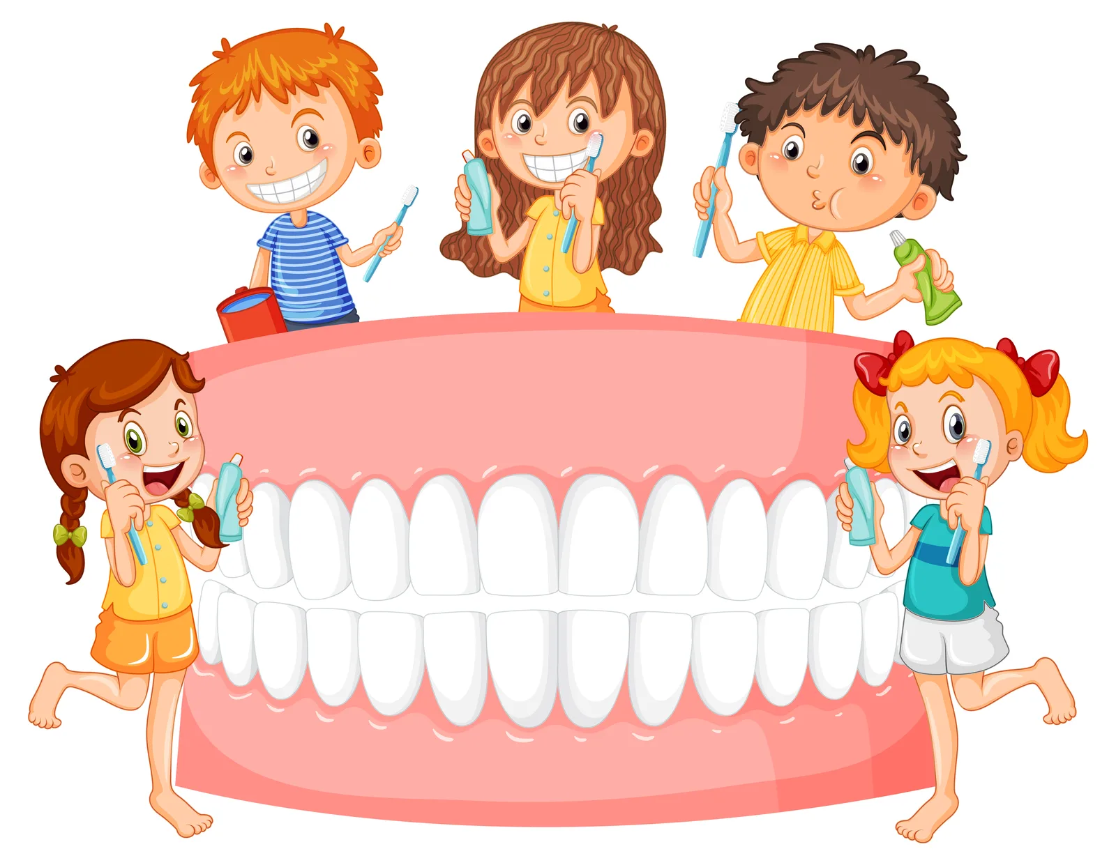 Cinco niños sonrientes con cepillos y pasta de dientes alrededor de una dentadura grande
