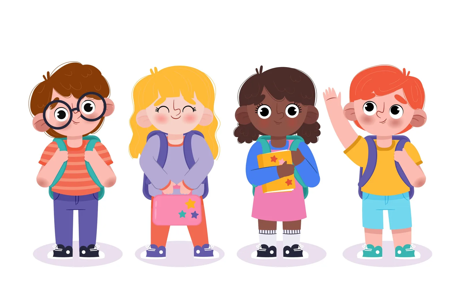 Ilustración de cuatro niños de pie con sus mochilas, uno saluda con la mano