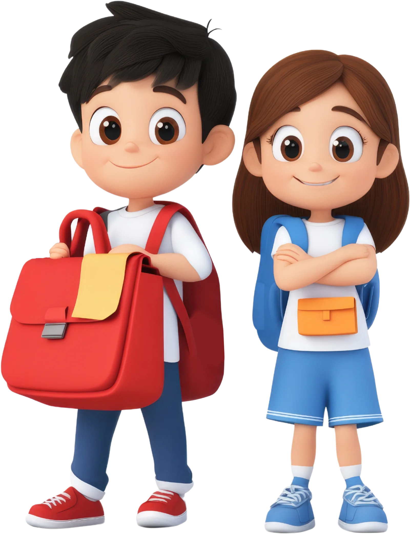 Ilustración en 3D de un niño y una niña con sus mochilas escolares