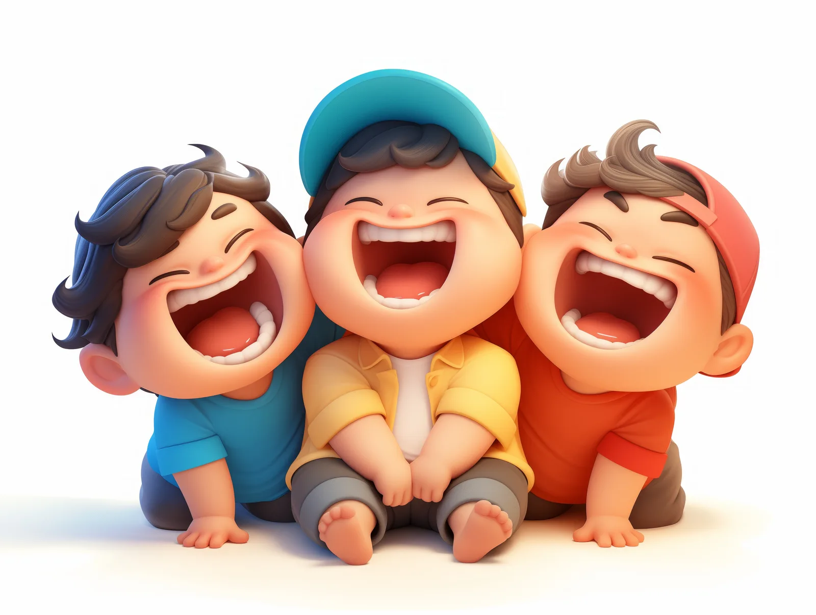Ilustración en 3D de tres niños sentados juntos riéndose